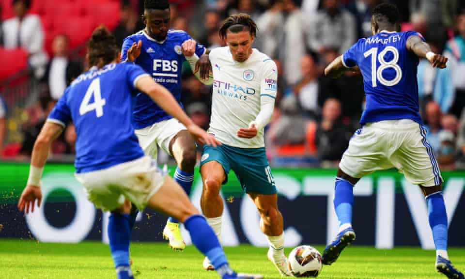 Jack Grealish tries to break through Leicester’s defence during his Manchester City debut in the Community Shield.