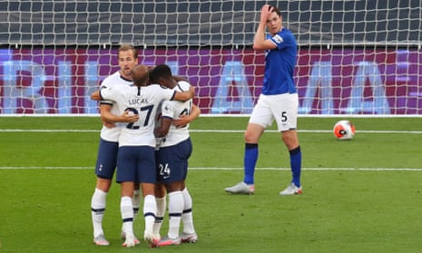 Giovani Lo Celso celebrates with his Tottenham teammates after Everton’s Michael Keane scored an own-goal in Spurs’ 1-0 home win.