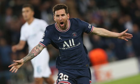 Lionel Messi wheels away in delight after scoring a typically delightful goal to set the seal on PSG’s Champions League win against Manchester City.
