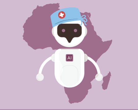 A robot in a nurse’s hat superimposed over a map of Africa.