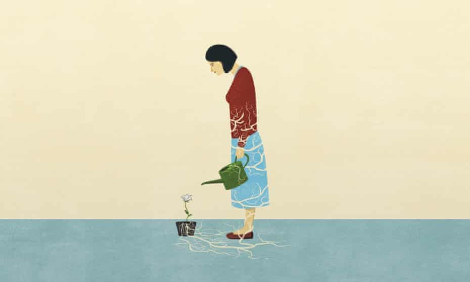 Illustration of woman watering plant in pot