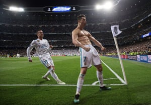 Cristiano Ronaldo celebrates next to Lucas Vazquez after scoring the goal against Juventus that put Real Madrid into Champions League semi-finals.