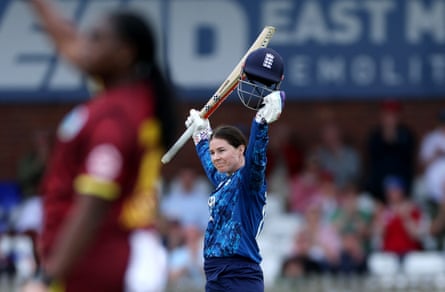 Tammy Beaumont celebrates after hitting a century for England against West Indies earlier this year.
