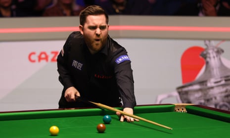 Jak Jones reacts after playing a shot against Stuart Bingham at the Crucible.