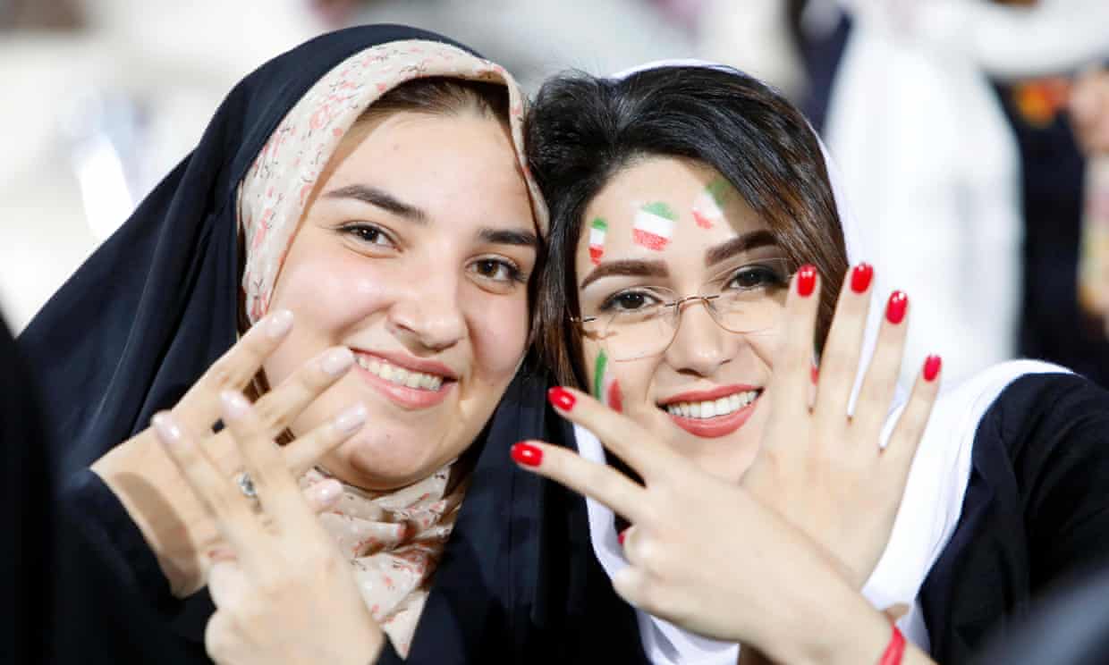 Iranian women pose at the Azadi stadium in Tehran for the Fifa World Cup 2018 match between Iran and Spain in Kazan