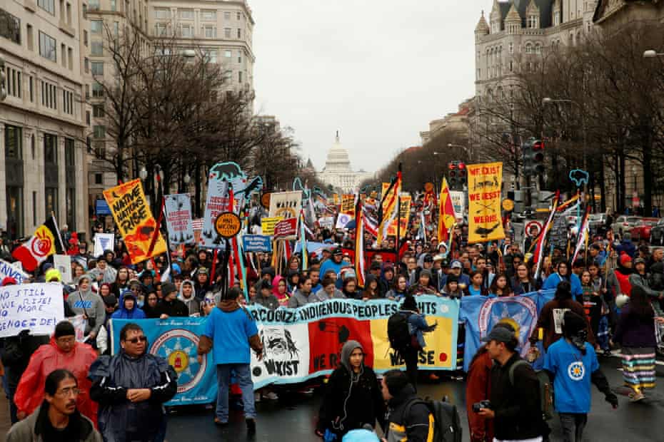 Indigenous leaders participate in a protest march and rally in opposition to the Dakota Access and Keystone XL pipelines in Washington in 2017.