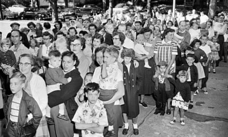 Parents and children outside the Riverside public school in Elmira, New York, in July 1953, wait to get the polio vaccine.
