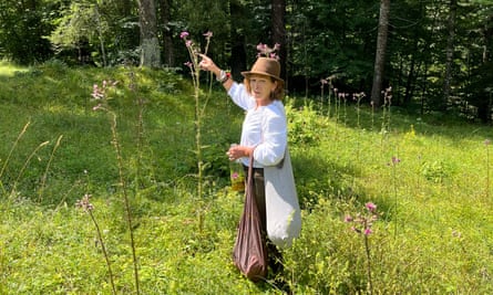 A middle-aged woman in a brown fedora points to a tall flower, in a shady glade.
