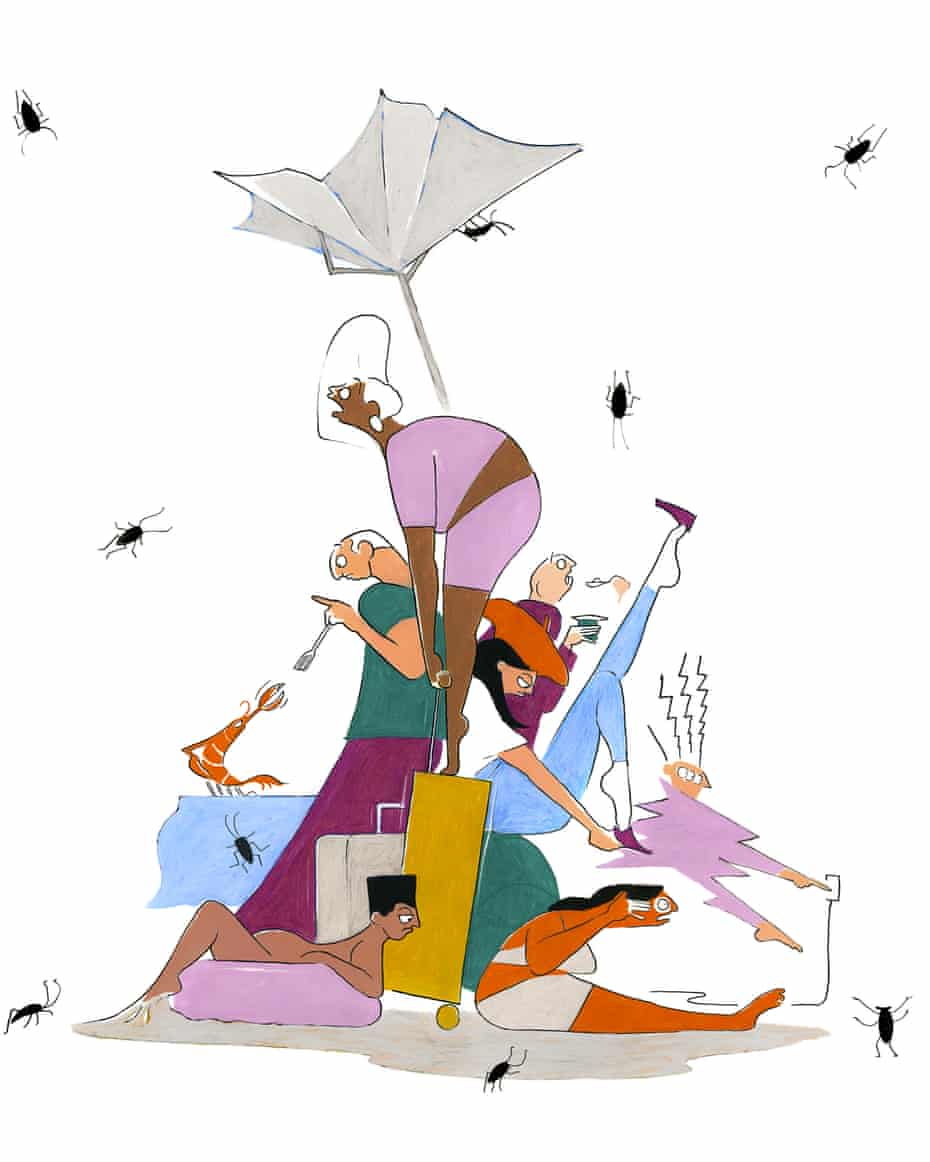 Illustration of people and flies