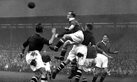 Hughie Gallacher cilmbs to win a header during Chelsea’s 2-1 win over Arsenal in November 1931.