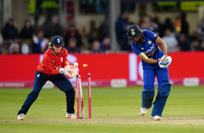 Harmanpreet Kaur is dismissed by Sarah Glenn.