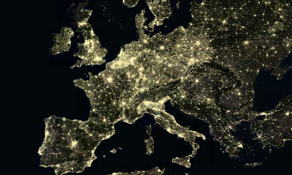 Western Europe at night, urban areas show bright clusters of light