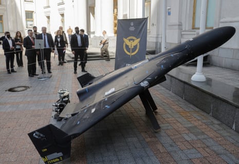 Israel’s foreign minister Gideon Sa’ar (C-L) and Ukraine’s foreign minister Andrii Sybiha (C-R) look at a Russian Shahed ‘Geran-2’ drone in front of the foreign ministry headquarters, in Kyiv, Ukraine.