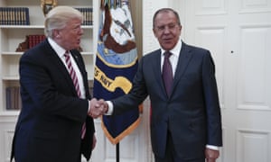 Trump with the Russian foreign minister, Sergei Lavrov, in the Oval Office last week. Trump’s tweet contradicted flat denials issued by senior officials on Monday night.