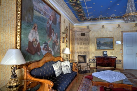 The interior of a grand hotel living room.