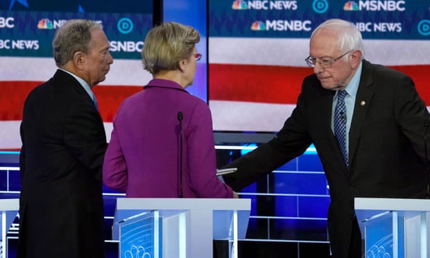Bernie Sanders greets Mike Bloomberg and Elizabeth Warren at the Democratic debate in Las Vegas on Wednesday.