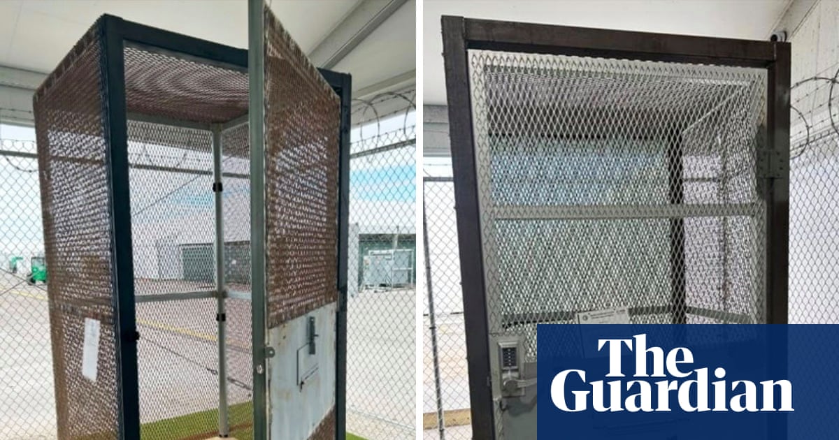Artist’s rendering of Alligator Alcatraz’s ‘calming area’: a metal phone booth in a swamp, brought to you by the Trump–DeSantis School of Human Rights.