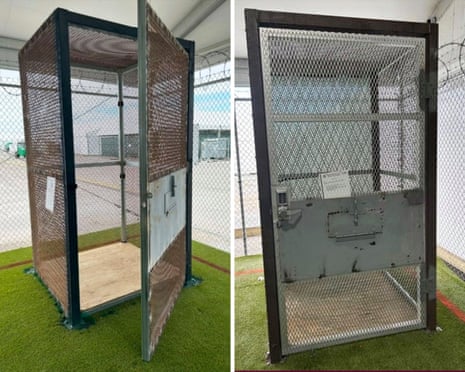 side by side photos of metal cage on outdoor turf area surrounded by fence