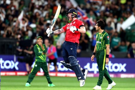 Ben Stokes celebrates after hitting the winning runs for England.