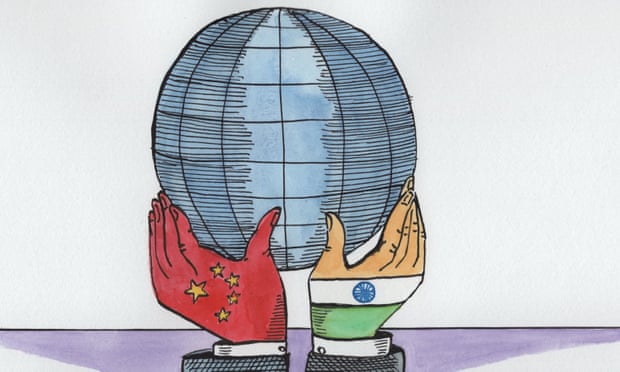 Illustration, of china and india hands holding globe, by Andrzej Krauze
