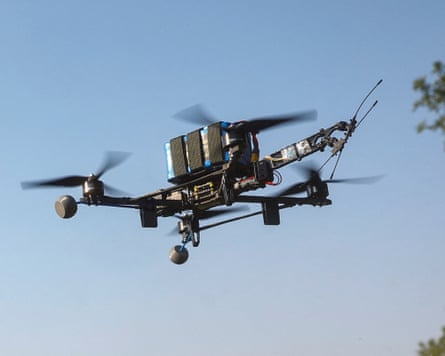An interceptor FPV-drone during its flight, in an undisclosed location in Dnipropetrovsk region