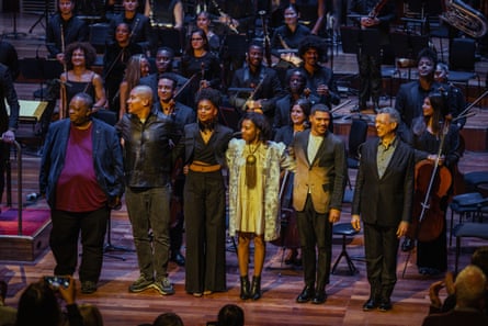 Composers Julian Joseph, Daniel Kidane, Ayanna Witter-Johnson, Shirley J Thompson, James B Wilson and Roderick Williams take a bow at Chineke!’s 10th anniversary concert.
