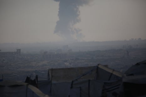 Smoke rises following Israeli ground assaults on Gaza City, visible from the Nuseirat refugee camp.