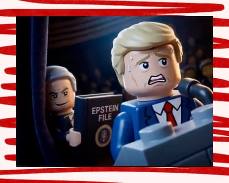 An AI-generated Lego-style video posted on Iranian social media accounts, showing Donald Trump sweating in front of a figure holding a binder that reads ‘Epstein file’