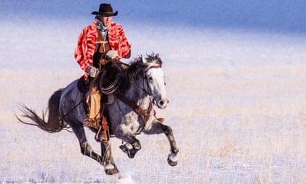 A cowboy with a coat made of meat rides a horse.