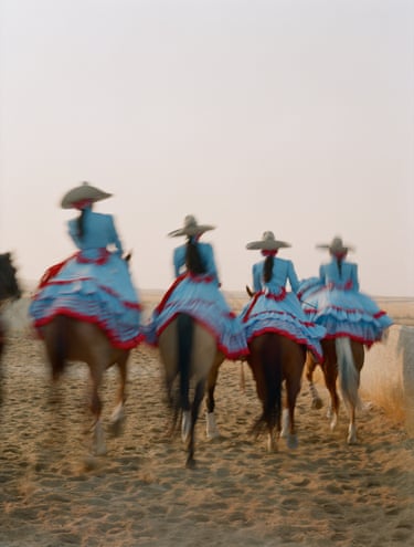 Four horses gallop away from the camera over sand