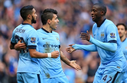 Sergio Agüero, Gaël Clichy and Yaya Touré during the Manchester derby in 2014.