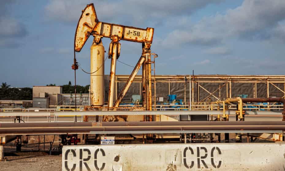 Old oil wells and pump jacks in Huntington Beach, California. The facility's owner, California Resources Corporation, filed for bankruptcy in 2020.