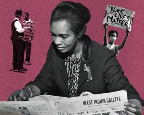 Composite: Claudia Jones with the West Indian Gazette, stop and search and BLM protests.