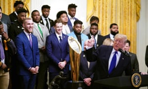 US President Donald Trump takes part in an event honoring the 2019 College Football National Champions, the Louisiana State University Tigers, in the East Room of the White House in Washington DC