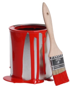 Can of red paint and paintbrush cut out isolated on white backgroundB40HY1 Can of red paint and paintbrush cut out isolated on white background