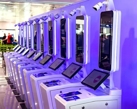 Row of self-service EES entry/exit immigration kiosks in Palma Airport, Mallorca, Spain.