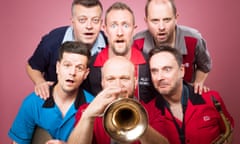 Clockwise from top left: Mark Brown, Alex Horne, Will Collier, Ed Sheldrake, Joe Auckland and Ben Reynolds in The Horne Section.