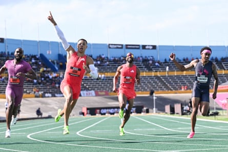 France's Sasha Zhoya celebrates winning the men's 100m race during the Grand Slam Track meet at the National Stadium, Kingston, Jamaica in April 2025