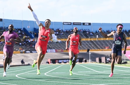 Sasha Zhoya celebrates winning the men’s 100m that formed part of the short hurdles category at May’s sparsely-attended Kingston event.