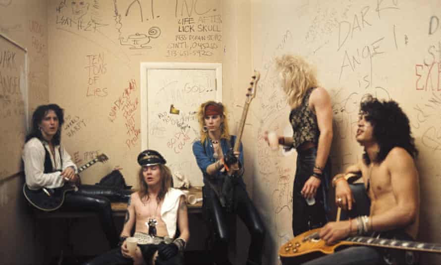 Guns N' Roses backstage at Fender's Ballroom, Long Beach, California in 1986. From left, Izzy Stradlin, Axl Rose, Duff McKagan, Steven Adler and Slash.
