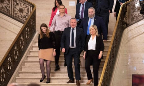 Sinn Féin’s vice-president, Michelle O'Neill (R), with her team at Stormont in Belfast, Northern Ireland.