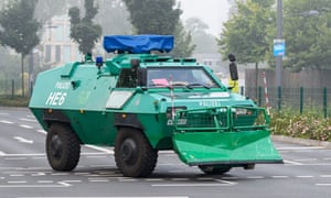 An armoured police truck in Frankfurt during the evacuation of about 60,000 people after the discovery of the unexploded bomb.