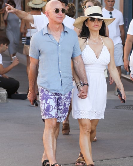 Jeff Bezos – in his Vilebrequin shorts – and his girlfriend Lauren Sanchez in St Tropez during the summer.