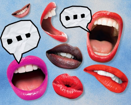 A composite picture of lots of mouths with bright lipstick on and some speech bubbles with ellipses in them on a pale blue background.