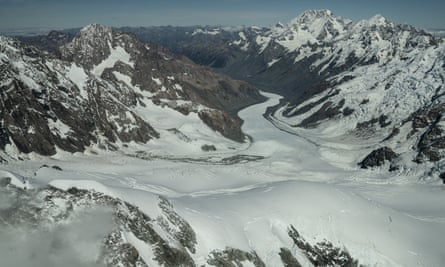 An aerial view of the Tasman glacier in New Zealand.
