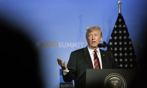 Donald Trump speaks during a press conference on the second day of the Nato summit in Brussels, Belgium, on Thursday.
