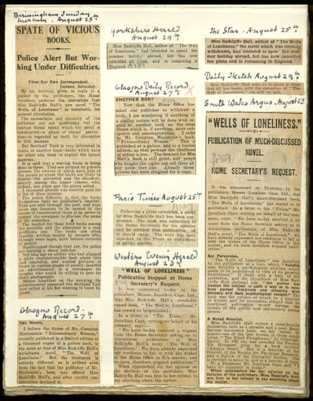 Hall’s scrapbook of clippings about the suppression and censorship of The Well of Loneliness, 1928.