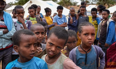 Children at a camp for displaced people in Tigray. Food aid to the war-battered region was halted in March, after officials were found to be stealing grain.