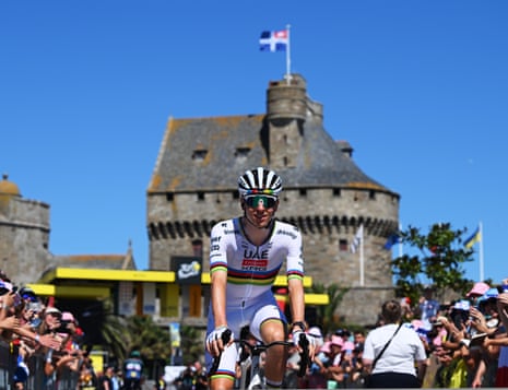 Tadej Pogacar makes his way to the start at Saint-Malo.