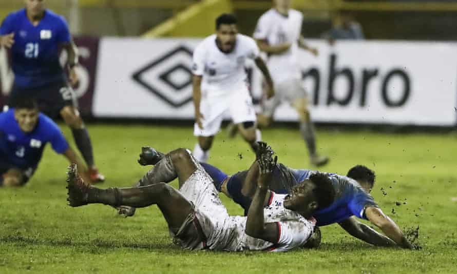 The USA’s Yunus Musah on his back in the mud during Tuesday’s draw in El Salvador.